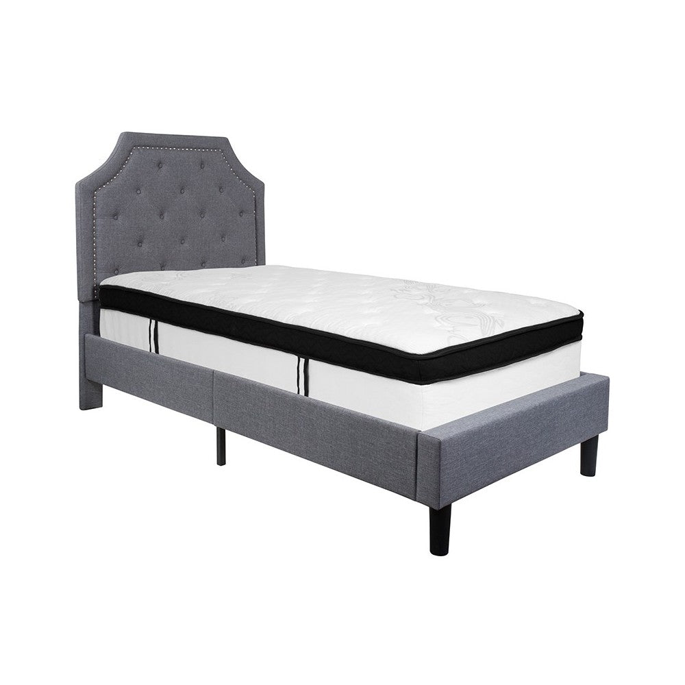 Brighton Twin Size Tufted Upholstered Platform Bed in Light Gray Fabric with Memory Foam Mattress