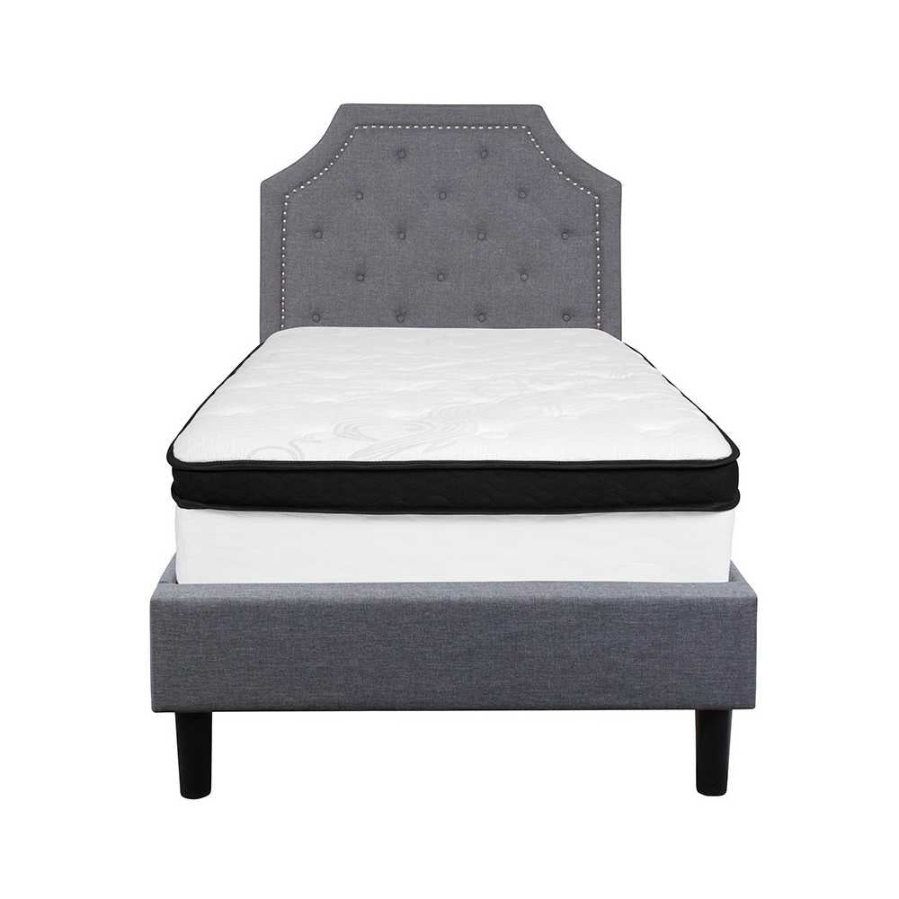 Brighton Twin Size Tufted Upholstered Platform Bed in Light Gray Fabric with Memory Foam Mattress