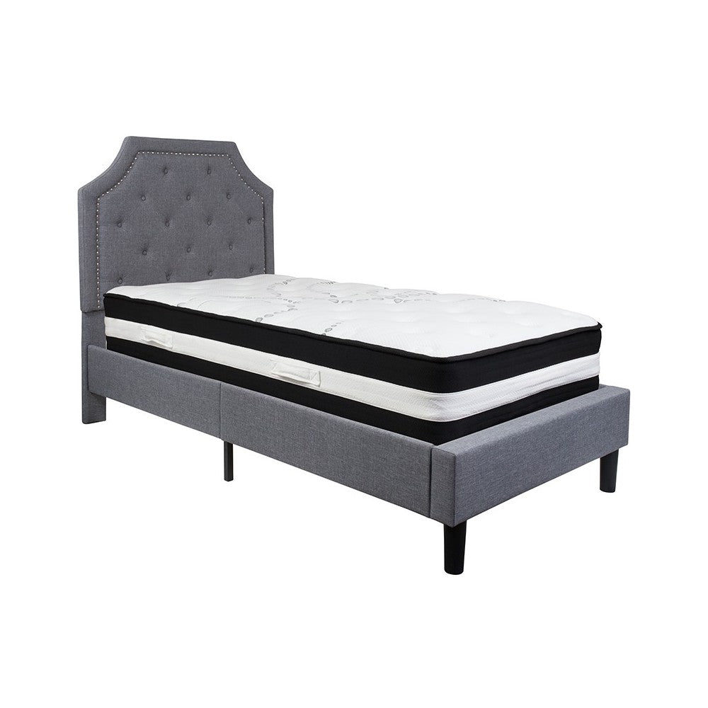 Brighton Twin Size Tufted Upholstered Platform Bed in Light Gray Fabric with Pocket Spring Mattress