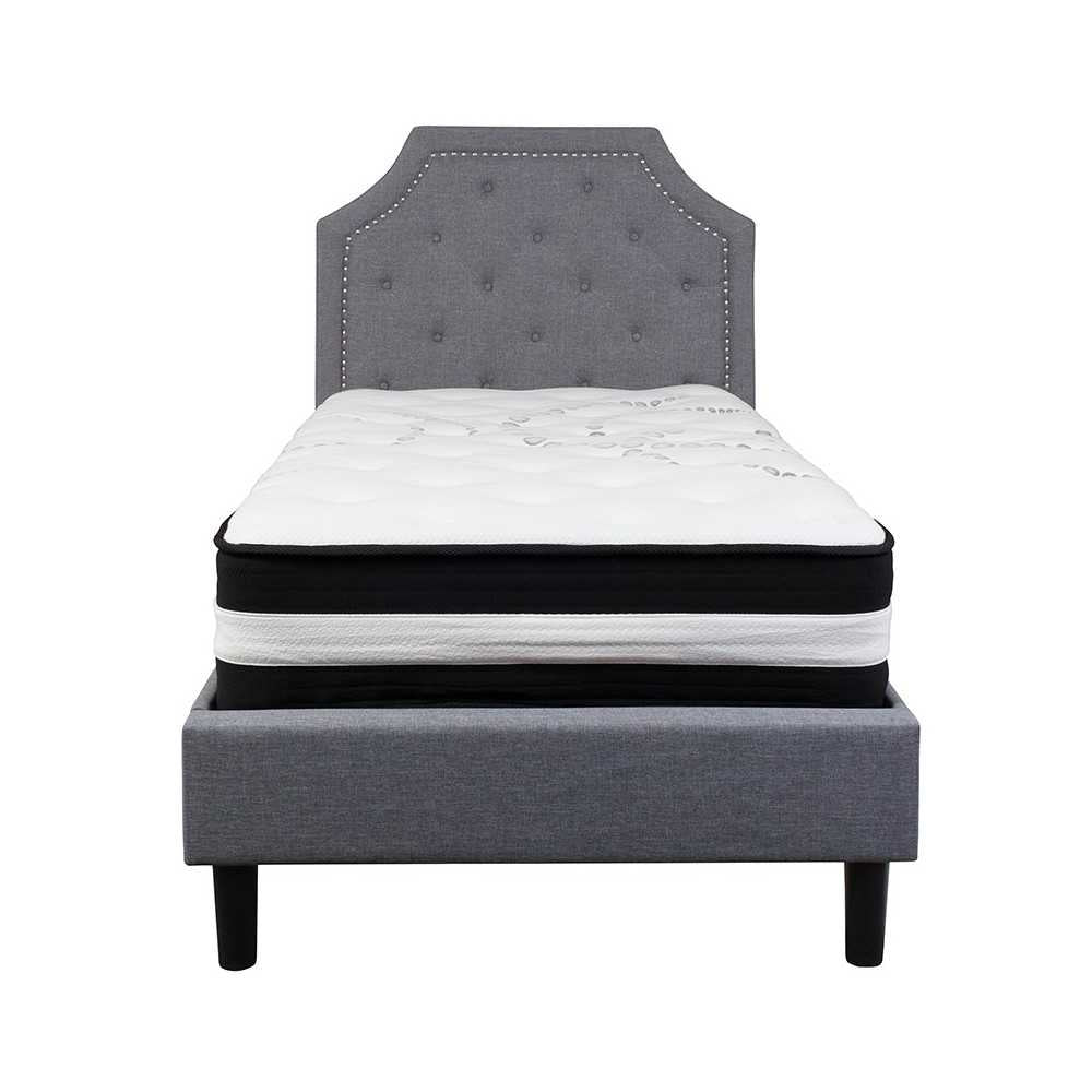 Brighton Twin Size Tufted Upholstered Platform Bed in Light Gray Fabric with Pocket Spring Mattress