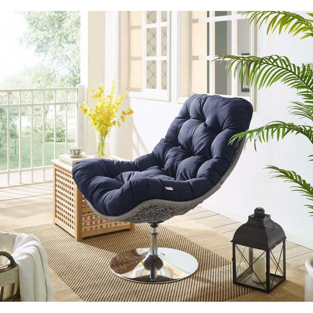 Brighton Wicker Rattan Outdoor Patio Swivel Lounge Chair, Light Gray Navy