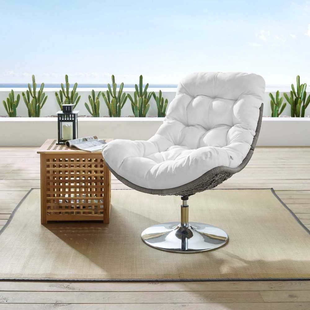 Brighton Wicker Rattan Outdoor Patio Swivel Lounge Chair, Light Gray White