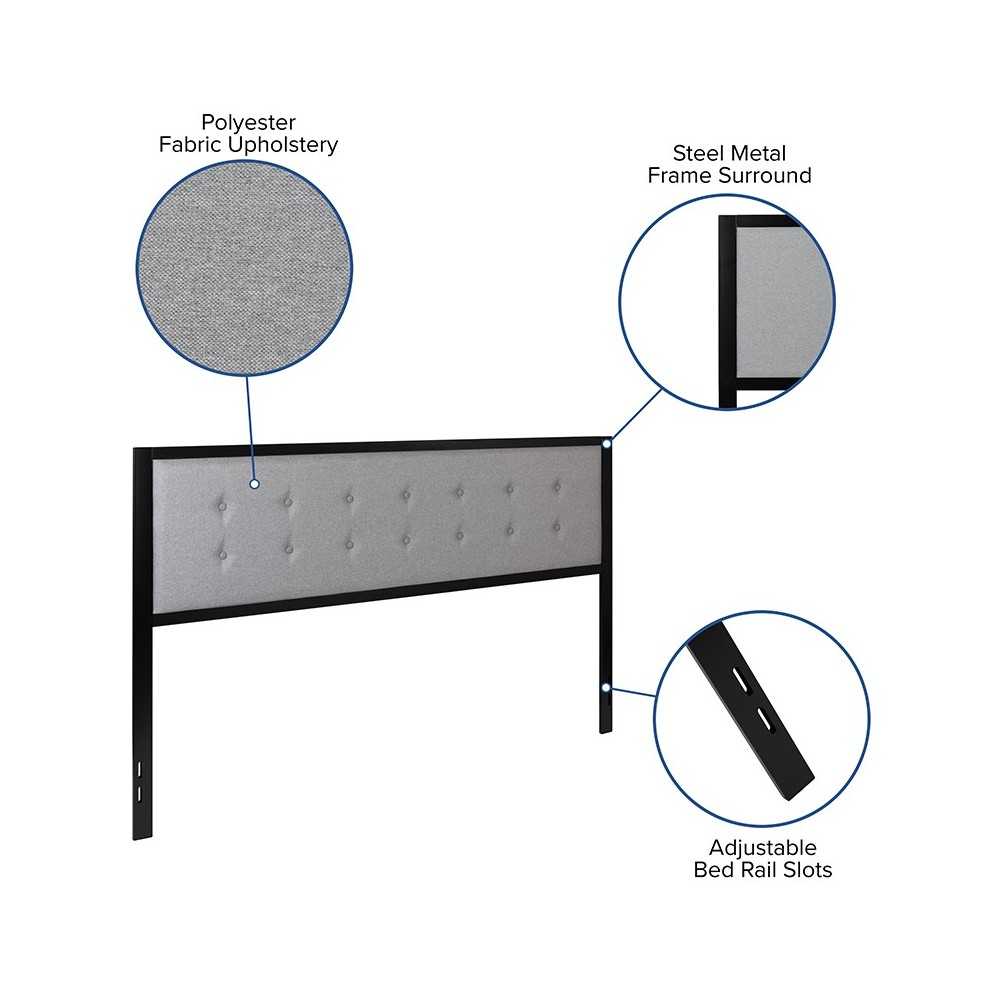 Bristol Metal Tufted Upholstered King Size Headboard in Light Gray Fabric