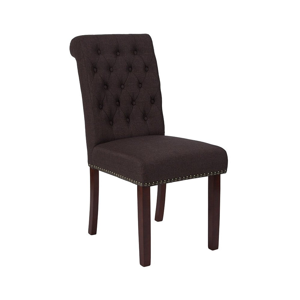 Brown Fabric Parsons Chair with Rolled Back, Accent Nail Trim and Walnut Finish