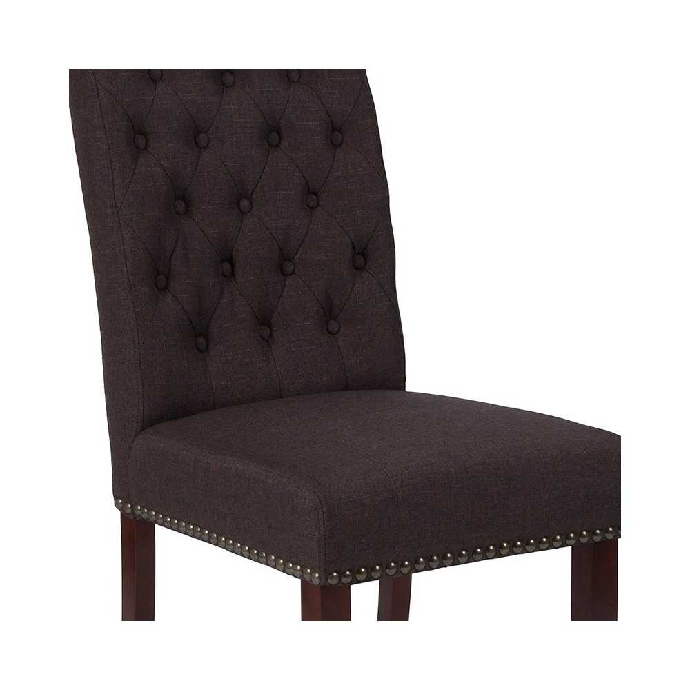 Brown Fabric Parsons Chair with Rolled Back, Accent Nail Trim and Walnut Finish