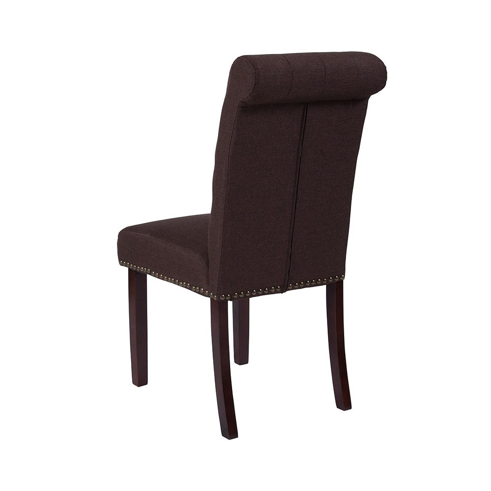 Brown Fabric Parsons Chair with Rolled Back, Accent Nail Trim and Walnut Finish