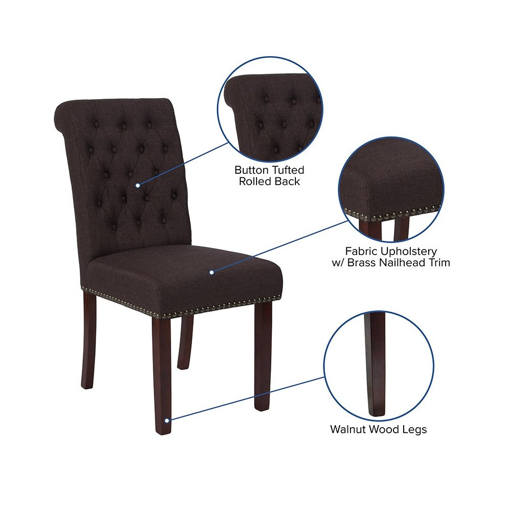 Brown Fabric Parsons Chair with Rolled Back, Accent Nail Trim and Walnut Finish