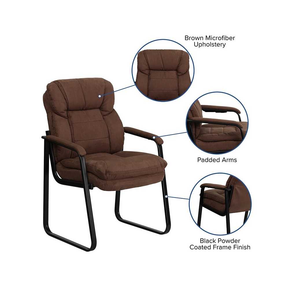 Brown Microfiber Executive Side Reception Chair with Lumbar Support and Sled Base