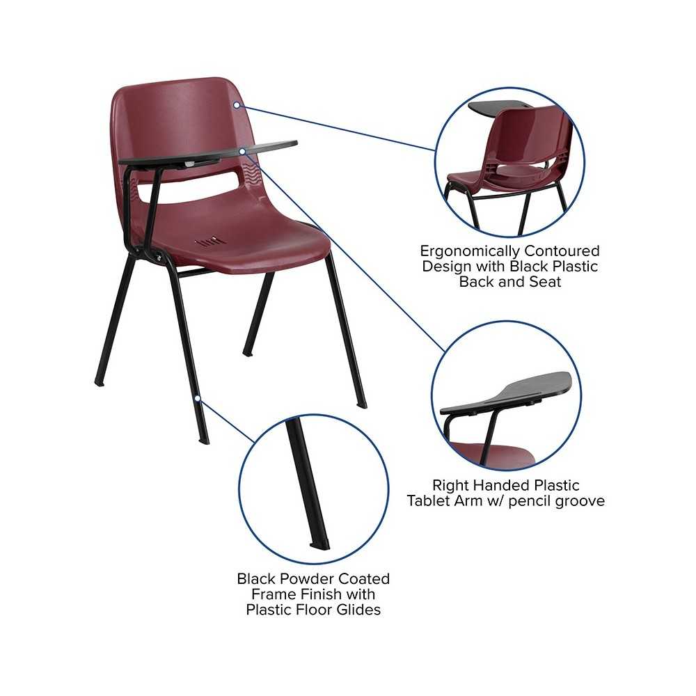 Burgundy Ergonomic Shell Chair with Right Handed Flip-Up Tablet Arm