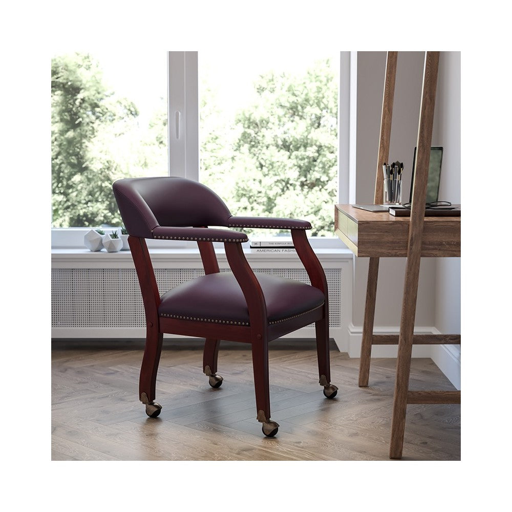 Burgundy LeatherSoft Conference Chair with Accent Nail Trim and Casters