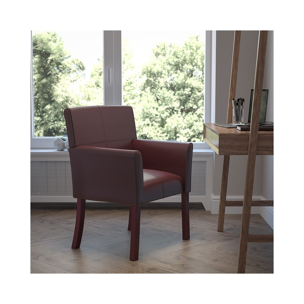 Burgundy LeatherSoft Executive Side Reception Chair with Mahogany Legs