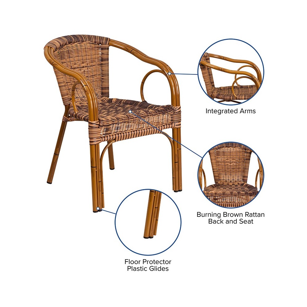 Cadiz Series Burning Brown Rattan Restaurant Patio Chair with Dark Red Bamboo-Aluminum Frame