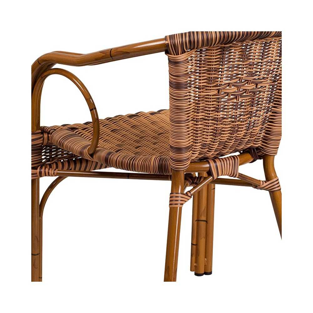 Cadiz Series Burning Brown Rattan Restaurant Patio Chair with Dark Red Bamboo-Aluminum Frame