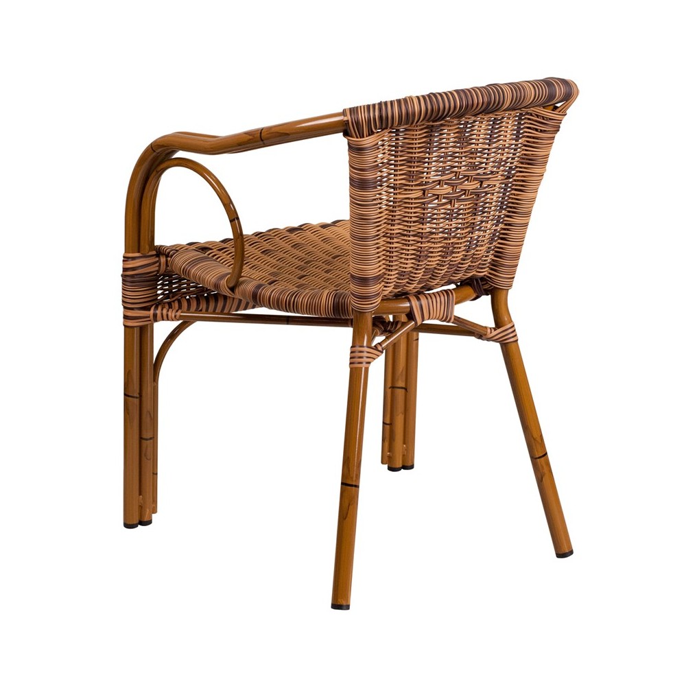 Cadiz Series Burning Brown Rattan Restaurant Patio Chair with Dark Red Bamboo-Aluminum Frame