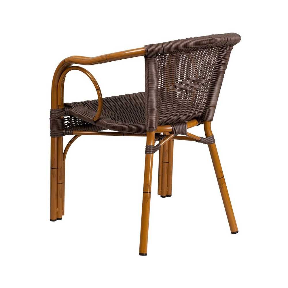 Cadiz Series Dark Brown Rattan Restaurant Patio Chair with Red Bamboo-Aluminum Frame