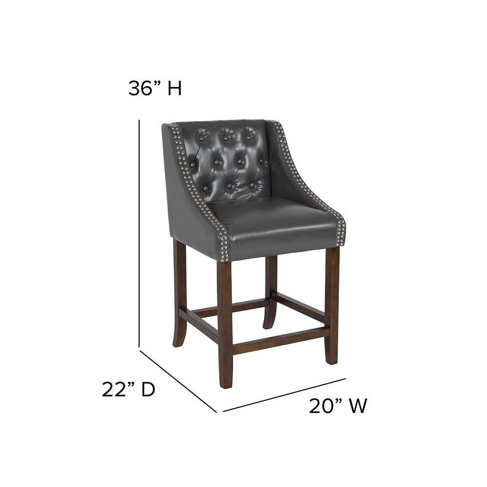 Carmel Series 24" High Transitional Tufted Walnut Counter Height Stool with Accent Nail Trim in Dark Gray LeatherSoft