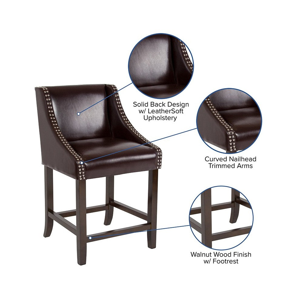 Carmel Series 24" High Transitional Walnut Counter Height Stool with Accent Nail Trim in Brown LeatherSoft