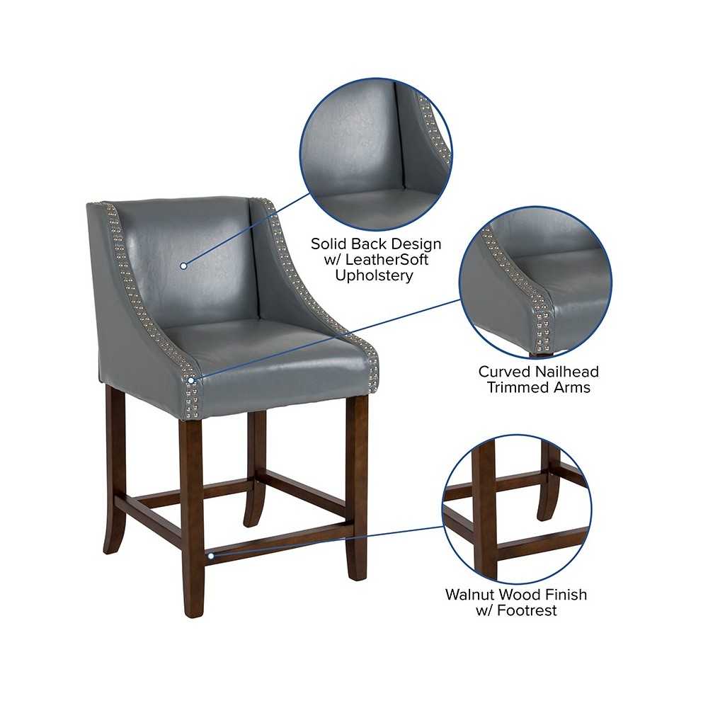 Carmel Series 24" High Transitional Walnut Counter Height Stool with Accent Nail Trim in Light Gray LeatherSoft