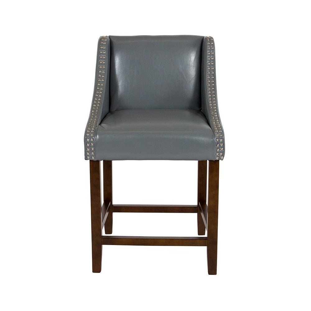 Carmel Series 24" High Transitional Walnut Counter Height Stool with Accent Nail Trim in Light Gray LeatherSoft