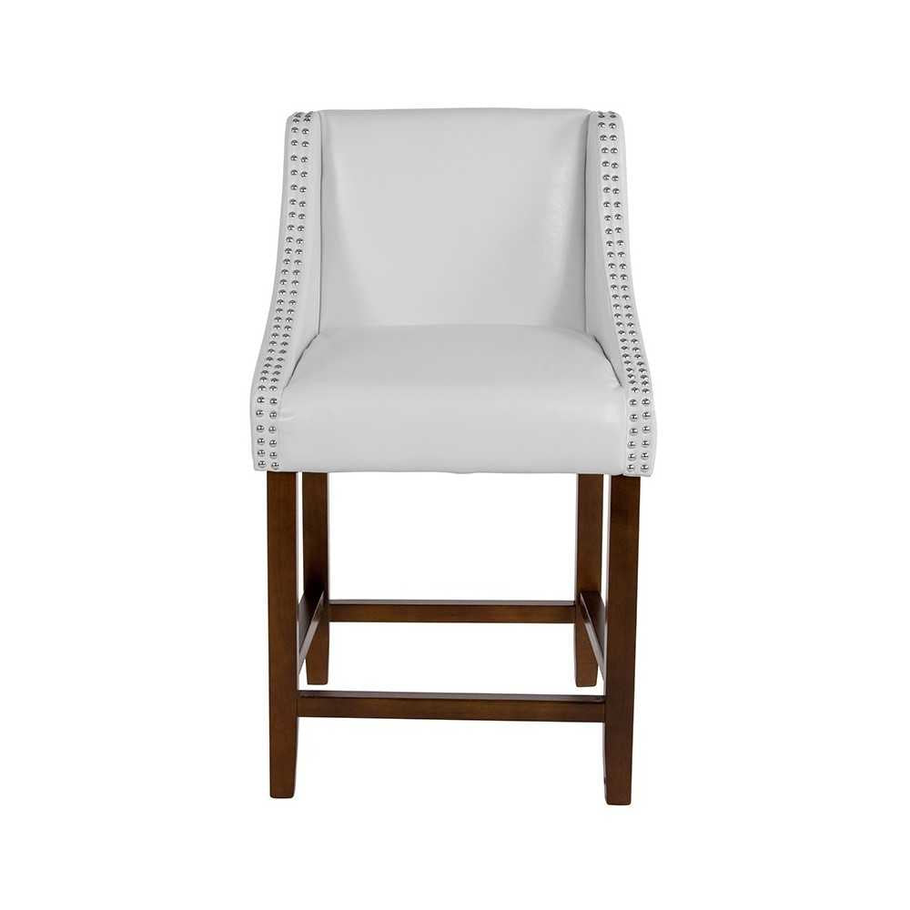Carmel Series 24" High Transitional Walnut Counter Height Stool with Accent Nail Trim in White LeatherSoft
