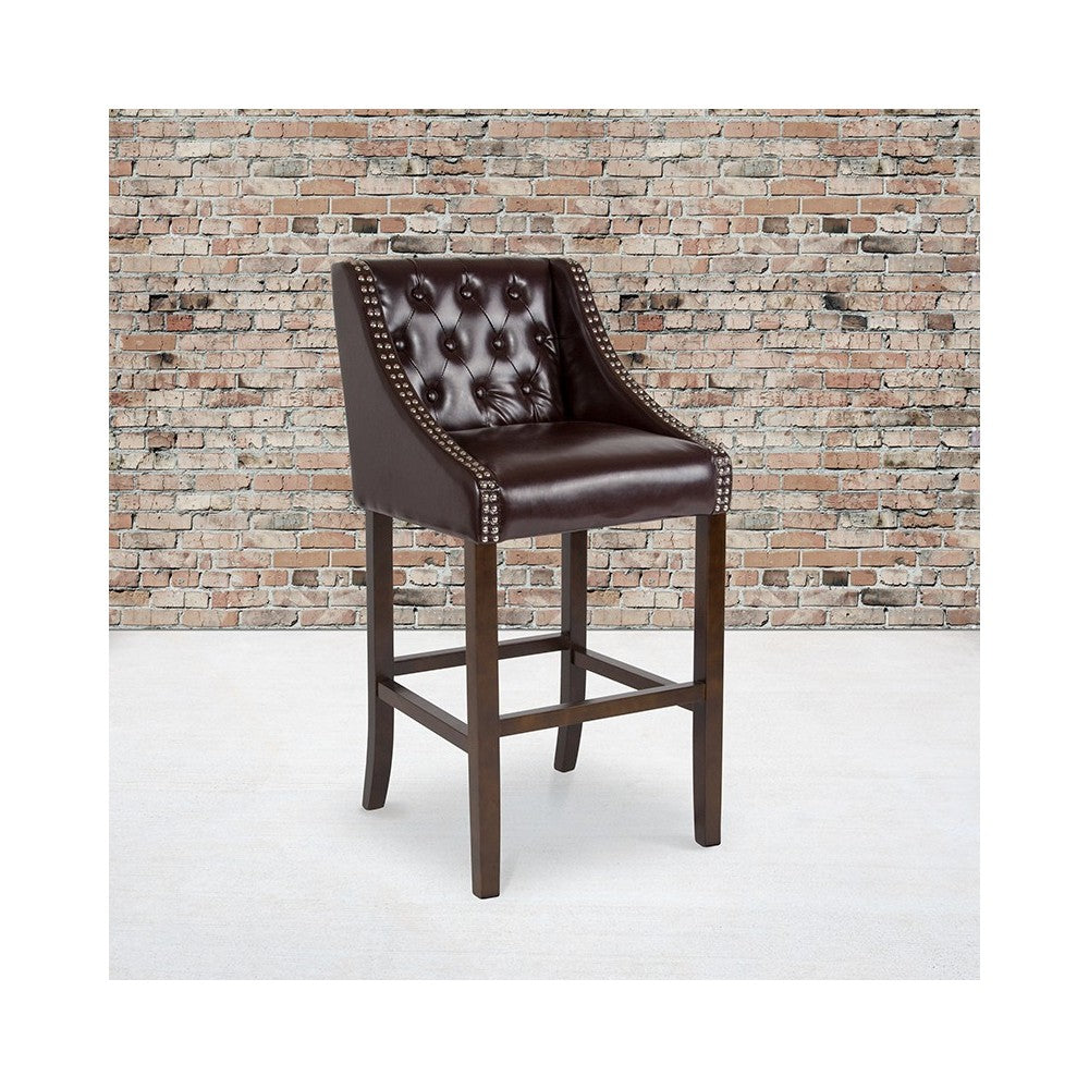 Carmel Series 30" High Transitional Tufted Walnut Barstool with Accent Nail Trim in Brown LeatherSoft