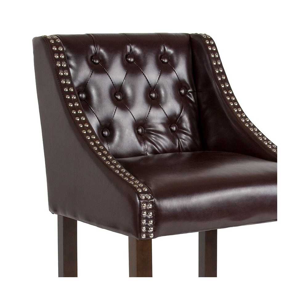Carmel Series 30" High Transitional Tufted Walnut Barstool with Accent Nail Trim in Brown LeatherSoft