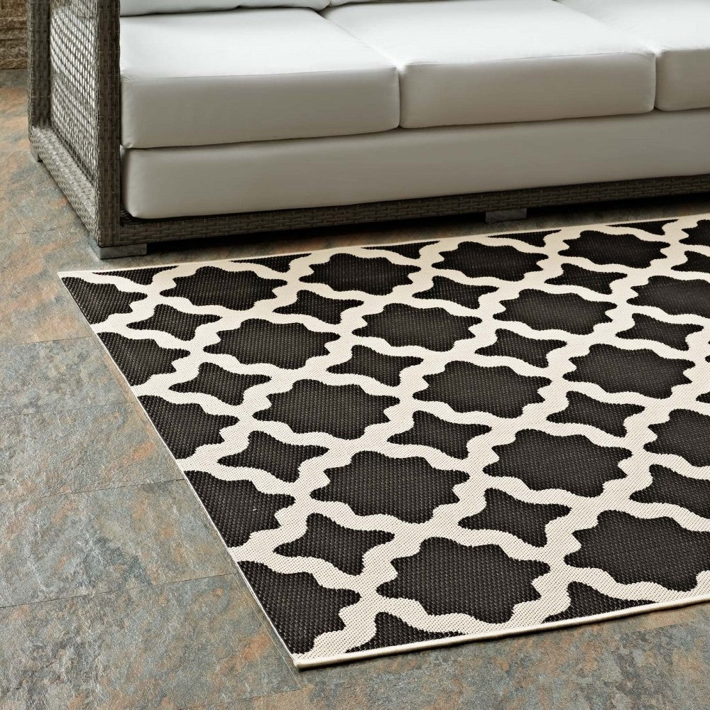 Cerelia Moroccan Trellis 5x8 Indoor and Outdoor Area Rug, Black and Beige