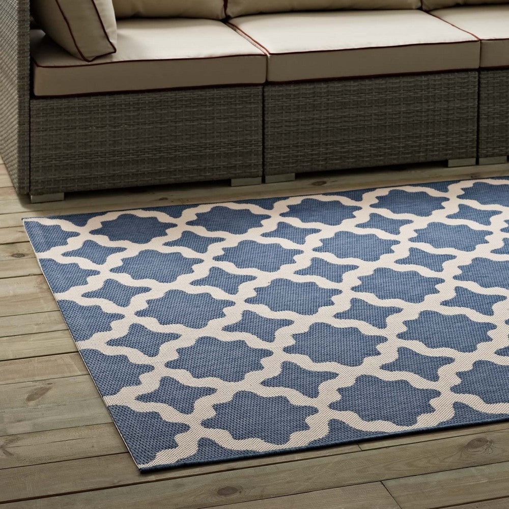 Cerelia Moroccan Trellis 9x12 Indoor and Outdoor Area Rug, Blue and Beige