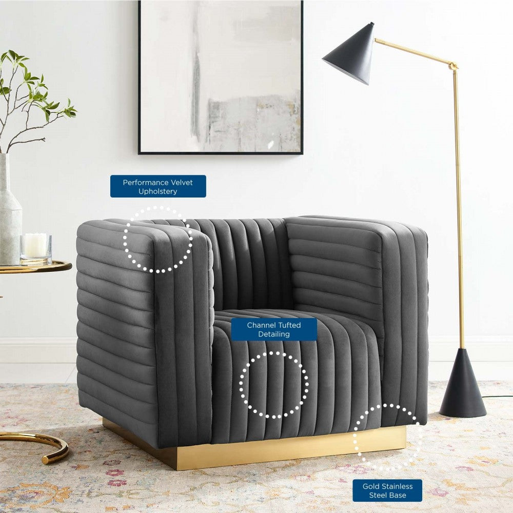 Charisma Channel Tufted Performance Velvet Accent Armchair, Charcoal