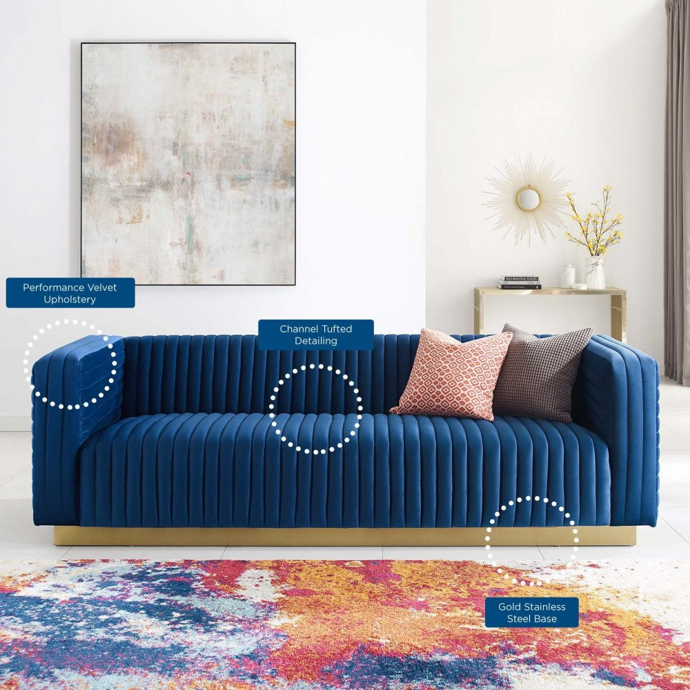 Charisma Channel Tufted Performance Velvet Living Room Sofa, Navy