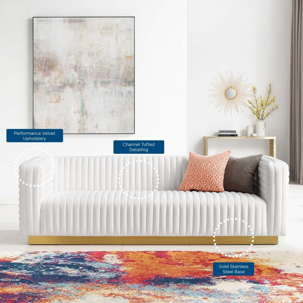 Charisma Channel Tufted Performance Velvet Living Room Sofa, White