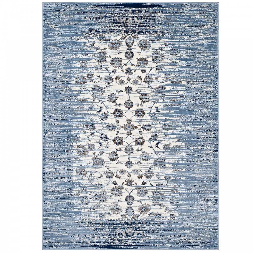 Chiara Distressed Floral Lattice Contemporary 5x8 Area Rug, Moroccan Blue and Ivory