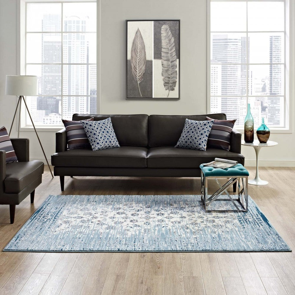 Chiara Distressed Floral Lattice Contemporary 5x8 Area Rug, Moroccan Blue and Ivory