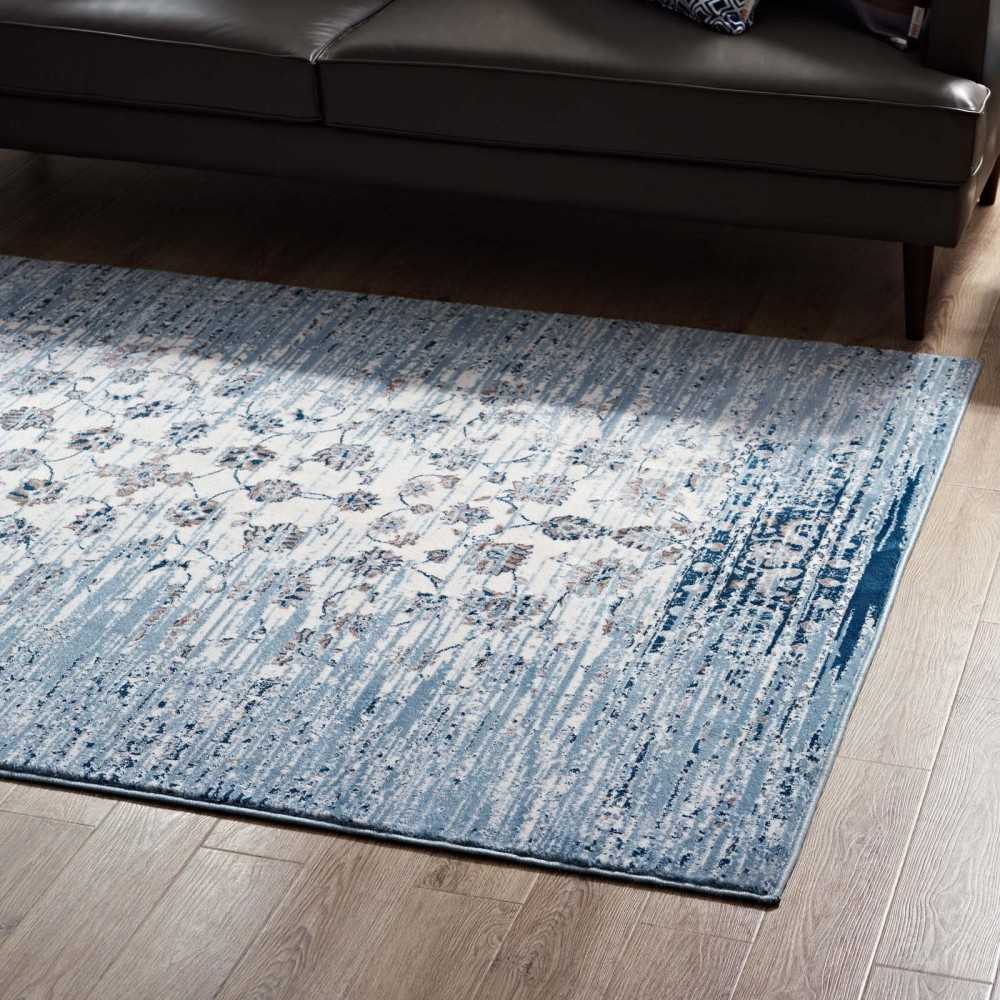 Chiara Distressed Floral Lattice Contemporary 5x8 Area Rug, Moroccan Blue and Ivory