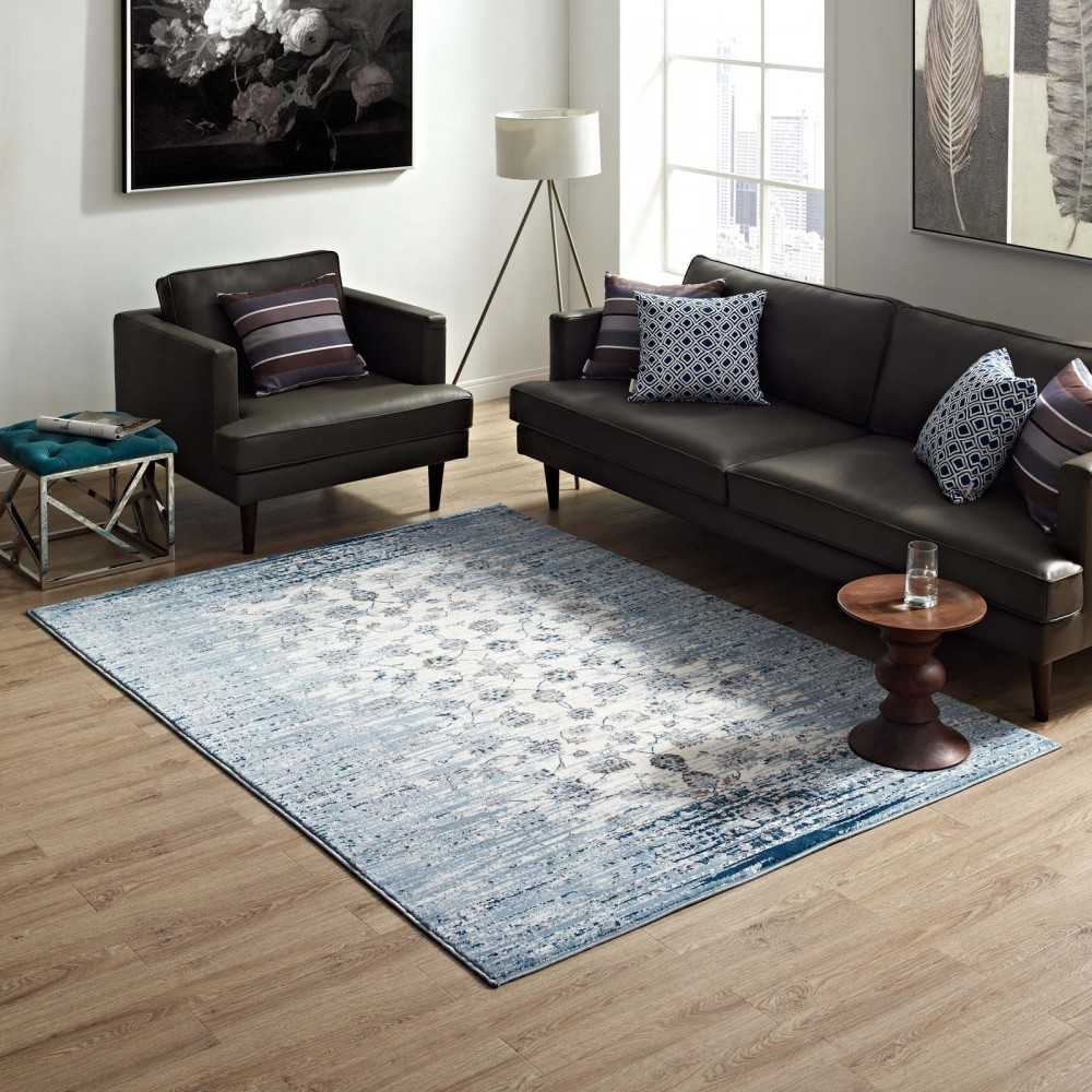 Chiara Distressed Floral Lattice Contemporary 5x8 Area Rug, Moroccan Blue and Ivory