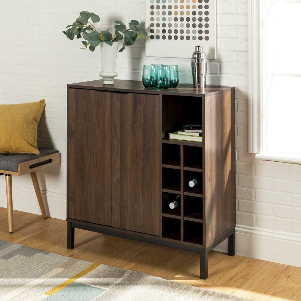 Chicago 34" Modern Bar Cabinet with Side Wine Storage - Dark Walnut