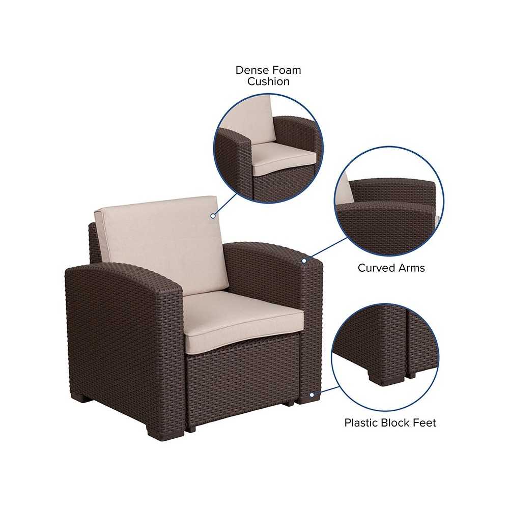 Chocolate Brown Faux Rattan Chair with All-Weather Beige Cushion