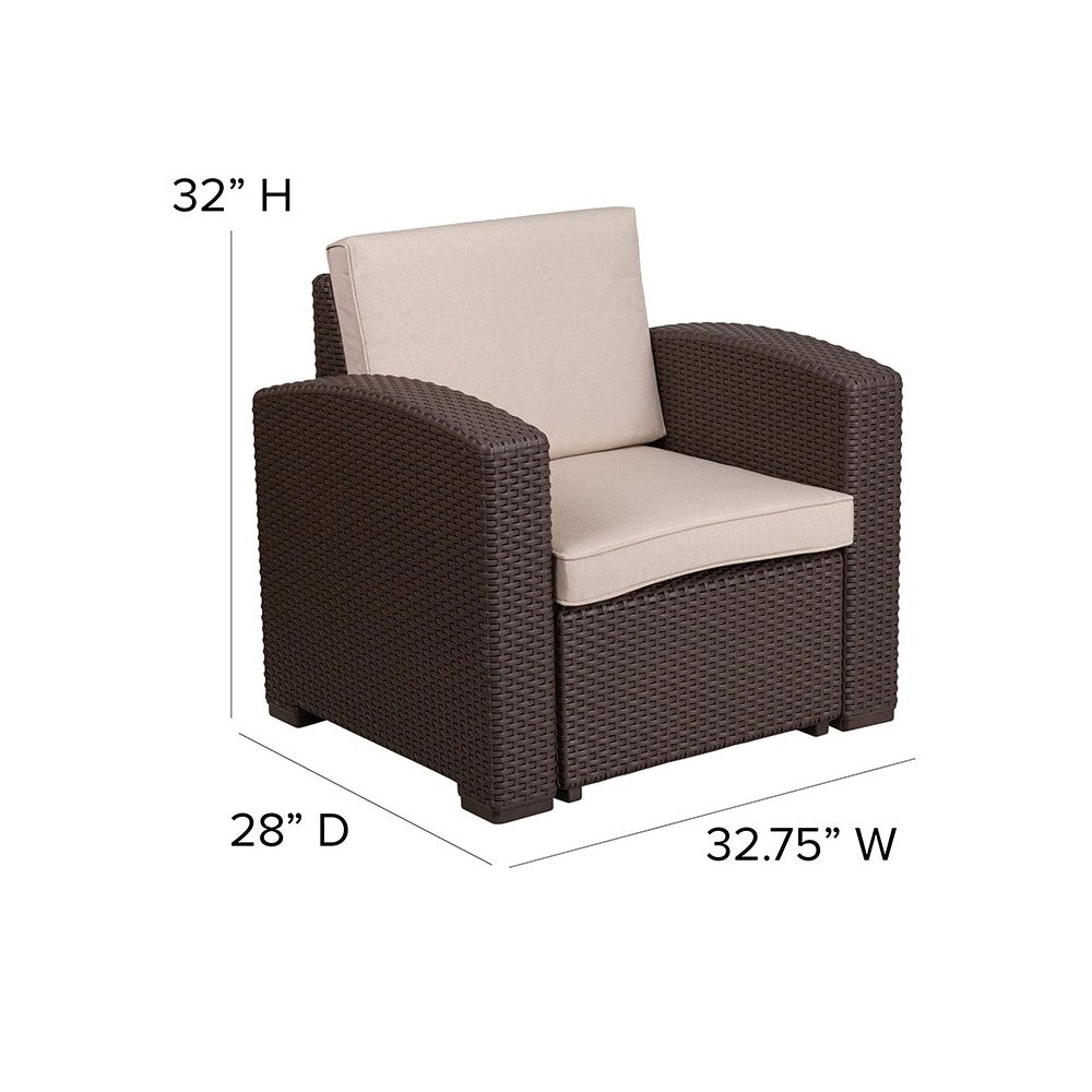 Chocolate Brown Faux Rattan Chair with All-Weather Beige Cushion