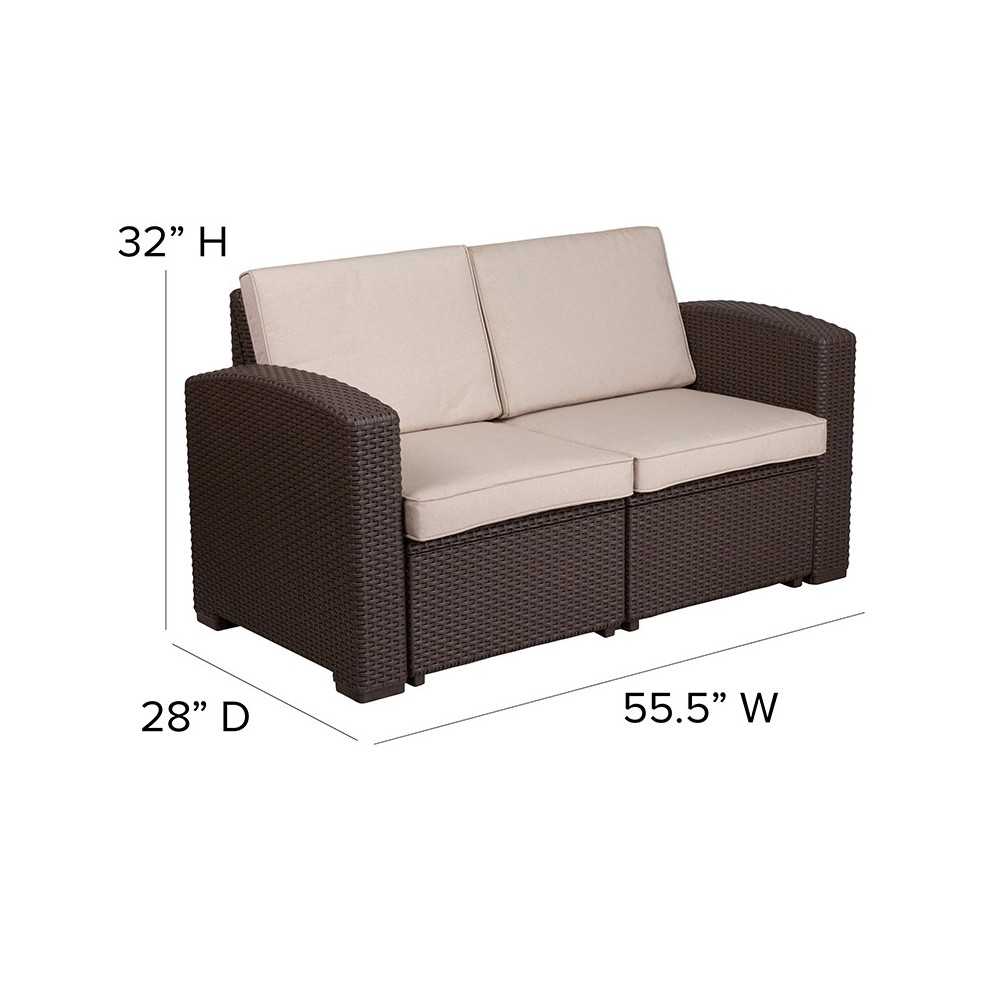 Chocolate Brown Faux Rattan Loveseat with All-Weather Beige Cushions