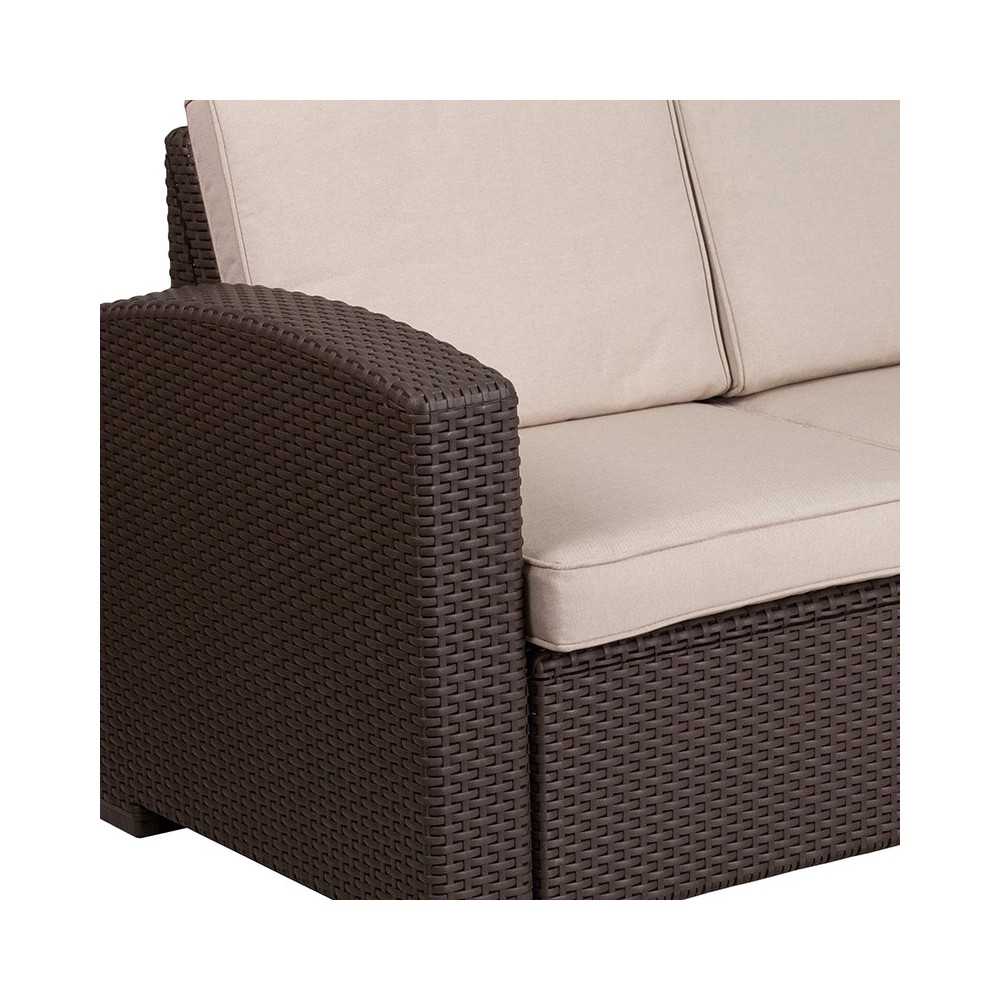 Chocolate Brown Faux Rattan Loveseat with All-Weather Beige Cushions