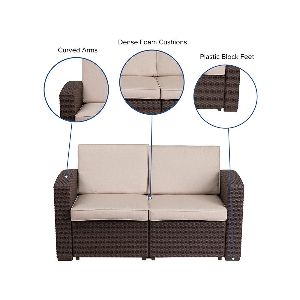 Chocolate Brown Faux Rattan Loveseat with All-Weather Beige Cushions