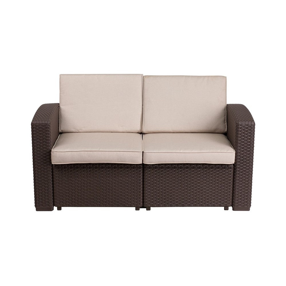 Chocolate Brown Faux Rattan Loveseat with All-Weather Beige Cushions