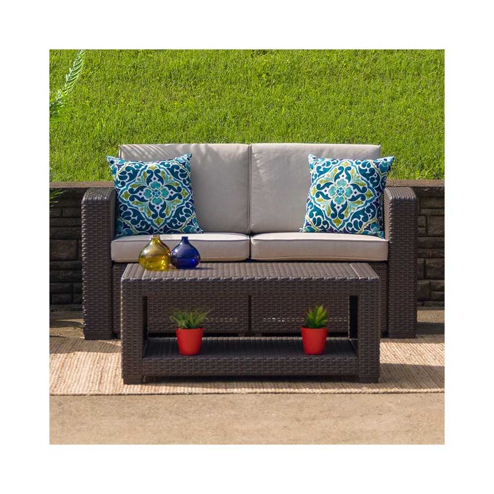 Chocolate Brown Faux Rattan Loveseat with All-Weather Beige Cushions