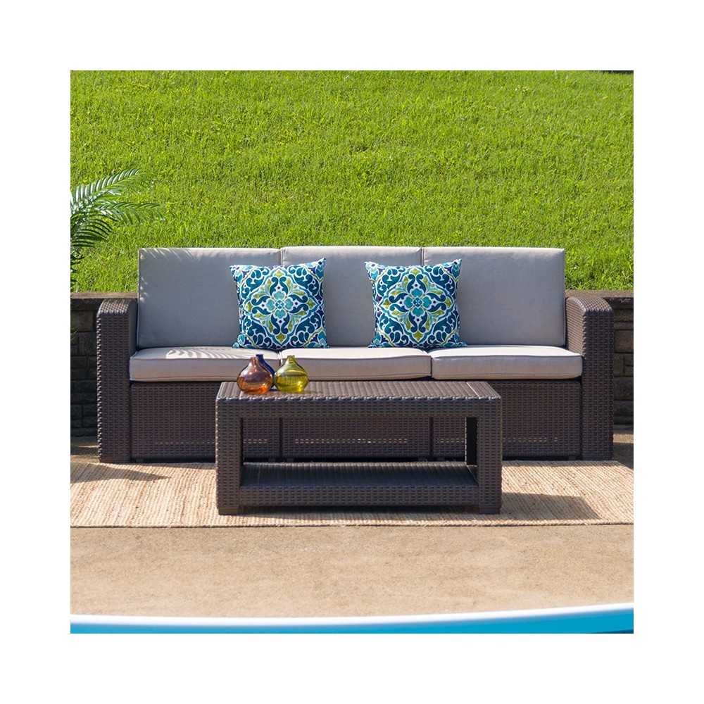 Chocolate Brown Faux Rattan Sofa with All-Weather Beige Cushions