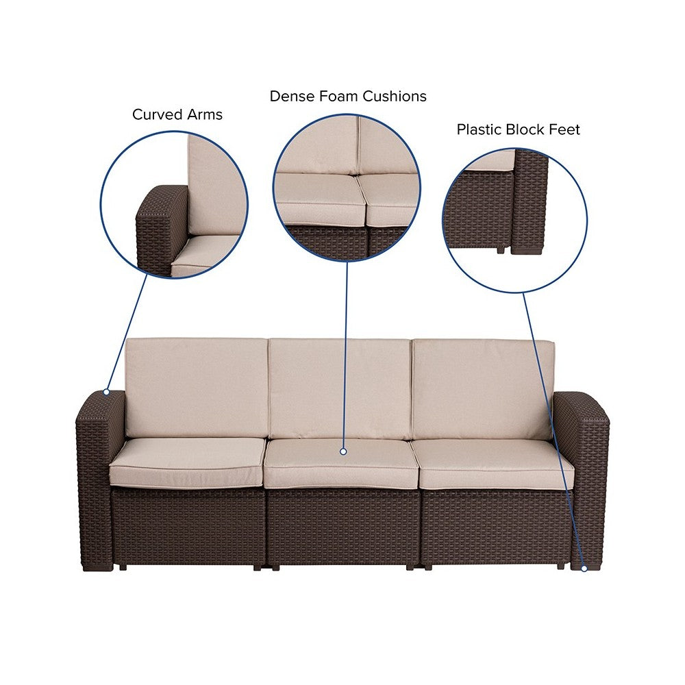 Chocolate Brown Faux Rattan Sofa with All-Weather Beige Cushions