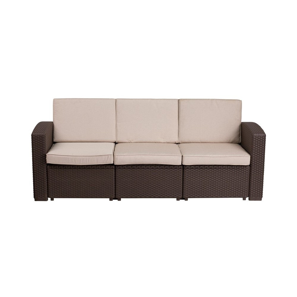 Chocolate Brown Faux Rattan Sofa with All-Weather Beige Cushions