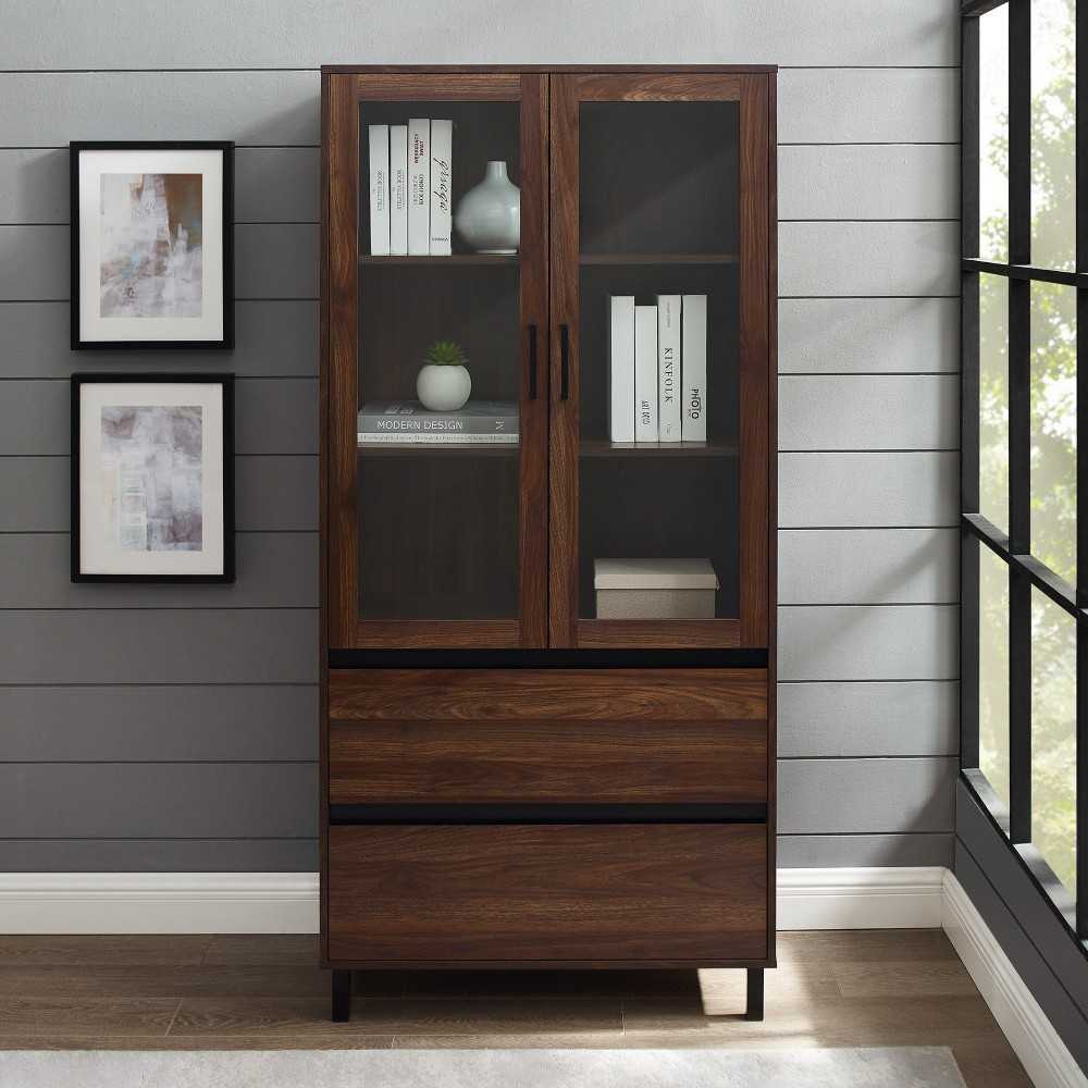 Clark 68" Glass Door Storage Hutch - Dark Walnut