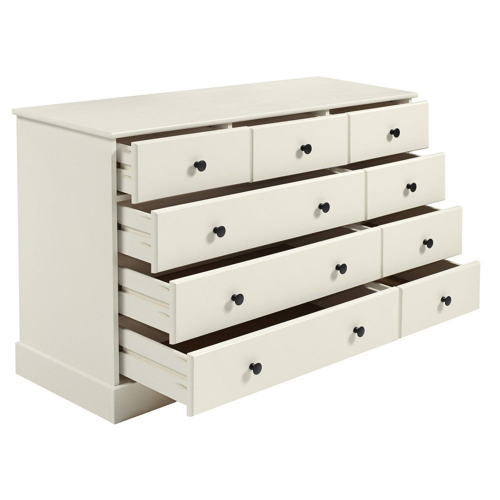 Classic 9 Drawer Solid Wood Top Dresser with Metal Hardware - White