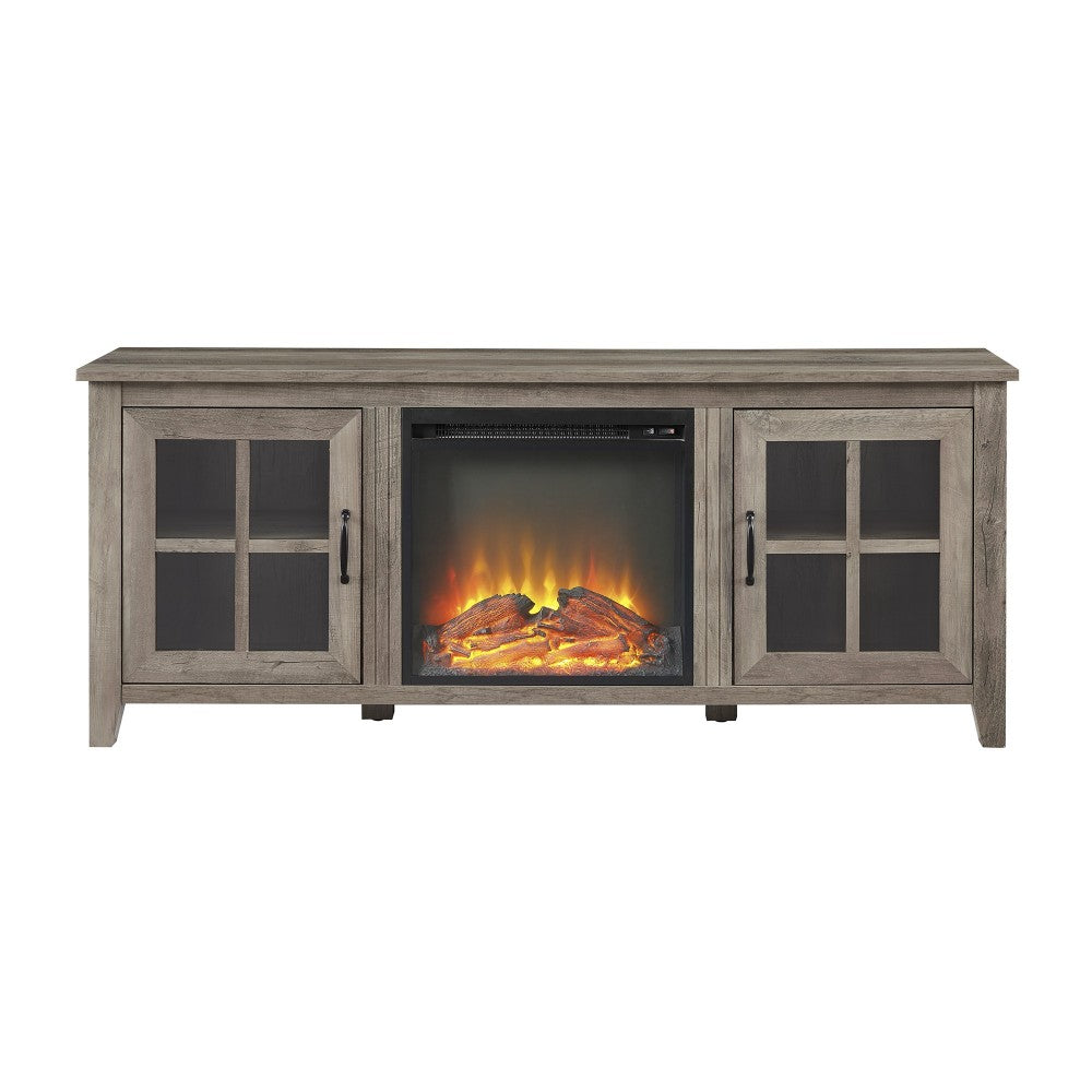 Classic Windowpane Glass-Door Fireplace TV Stand for TVs up to 65" - Gray Wash
