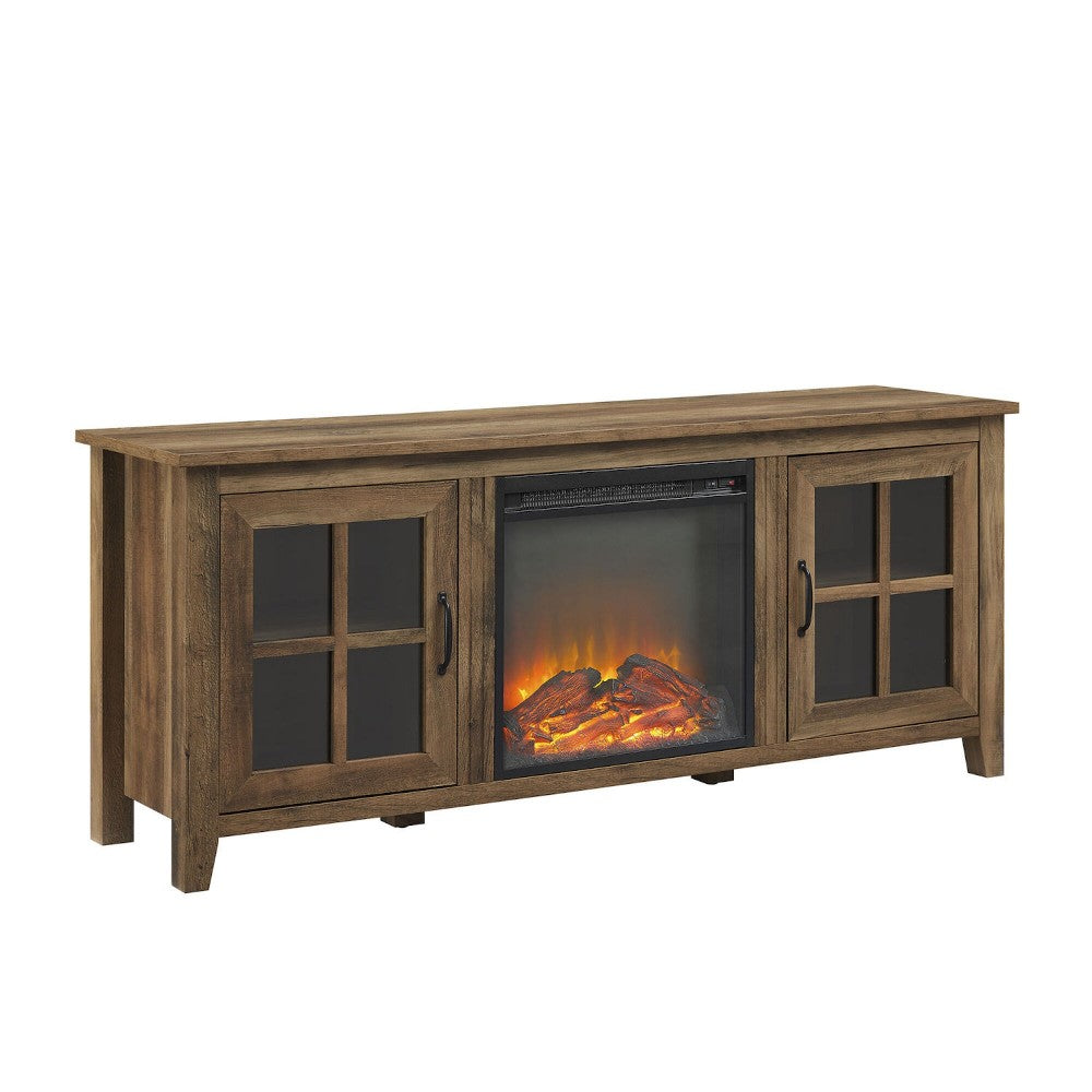 Classic Windowpane Glass-Door Fireplace TV Stand for TVs up to 65" - Rustic Oak